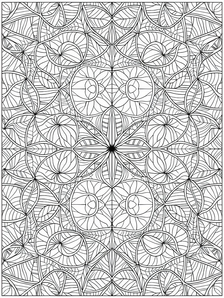 Black and white line art coloring page of a highly detailed, symmetrical floral mandala with central starburst and repeating leaf patterns.