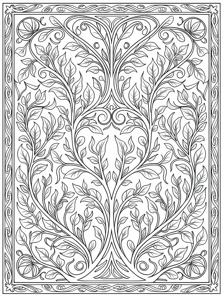 Black line art coloring page of symmetrical ornate border with swirling vines, leaves, and central heart-shaped foliage.