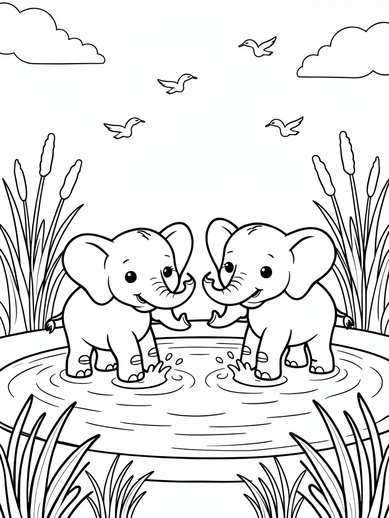 A black and white line drawing shows two baby elephants standing in a pond, splashing water, with reeds on both sides and birds flying above.