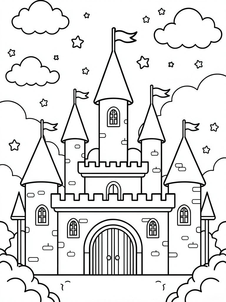 Coloring page of castle with towers, flags, clouds, and stars.