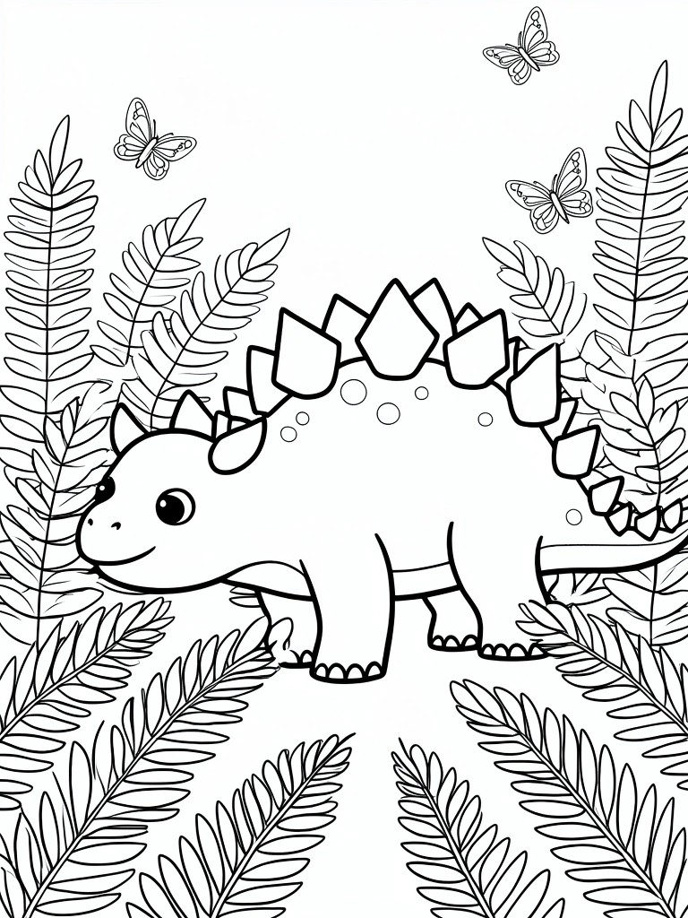 Cute cartoon stegosaurus amid ferns and butterflies, black-and-white coloring page style.