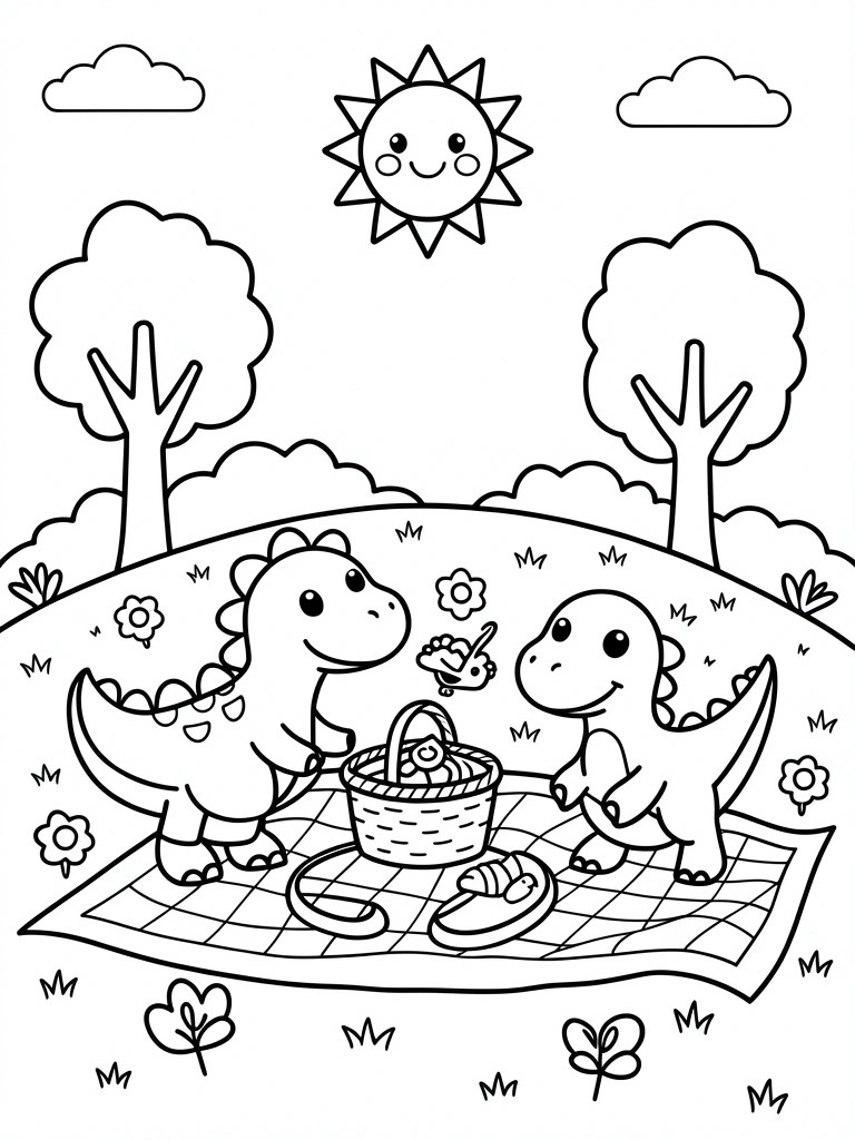 A coloring page showing two cartoon dinosaurs on a picnic blanket with a basket, under a sun and trees with flowers around.