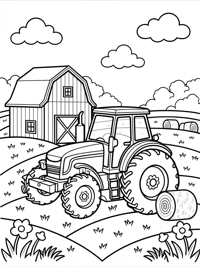 Coloring page of tractor pulling hay bale past barn with flowers and clouds.