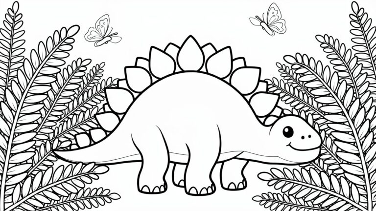 Cute cartoon stegosaurus amid ferns and butterflies, black-and-white coloring page style.