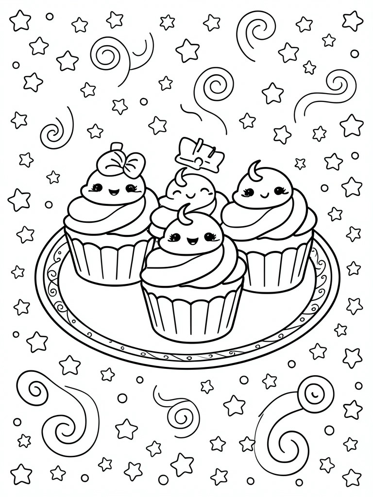 A coloring page shows three cartoon cupcakes with faces on a decorative plate, surrounded by stars and swirls.