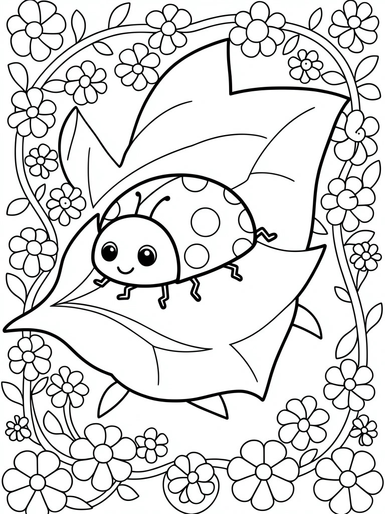 Black and white line drawing of a ladybug on a leaf with flowers around the edges.