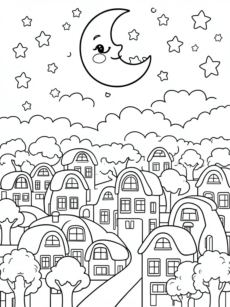 A coloring page of a crescent moon with a face and stars above a cluster of houses and trees.