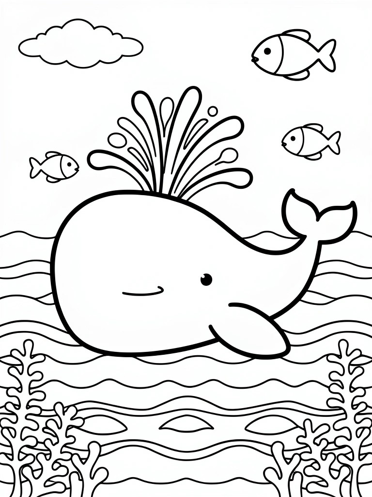 Cartoon whale spouting water amid fish, waves, clouds and coral