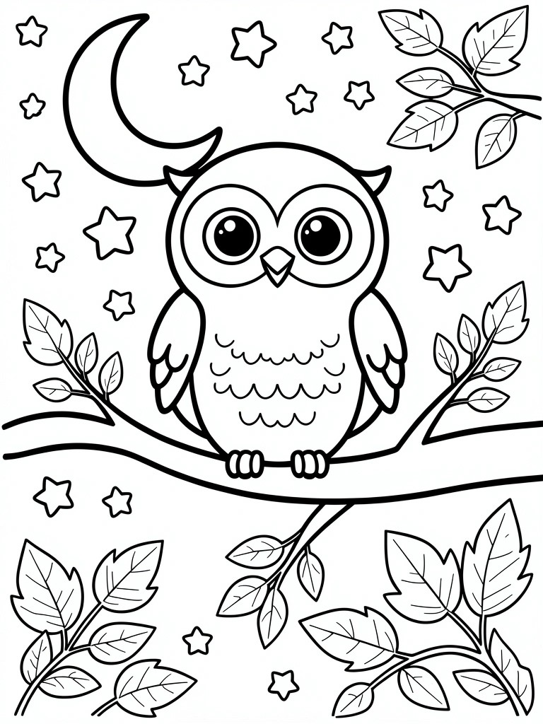 A black and white coloring page of an owl on a branch with a crescent moon, stars, and leaves.
