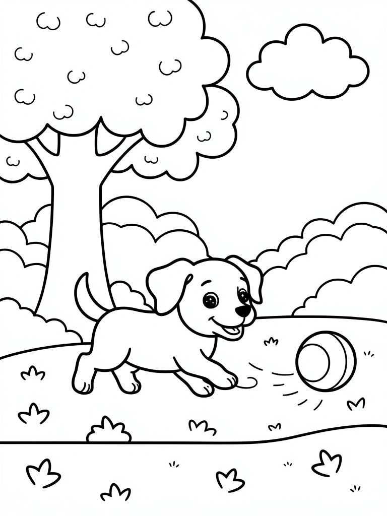 A line drawing shows a cartoon puppy running toward a ball in an outdoor setting with a tree, clouds, and grass.