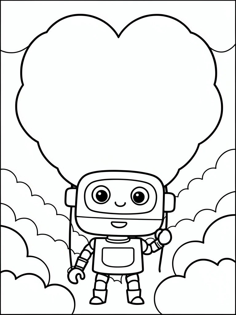 Cartoon robot with big eyes below a large heart amid fluffy clouds in black-and-white line art.
