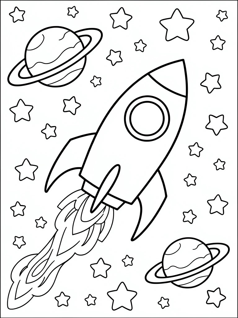 A black and white line drawing of a rocket with flames, two ringed planets, and scattered stars on a coloring page.