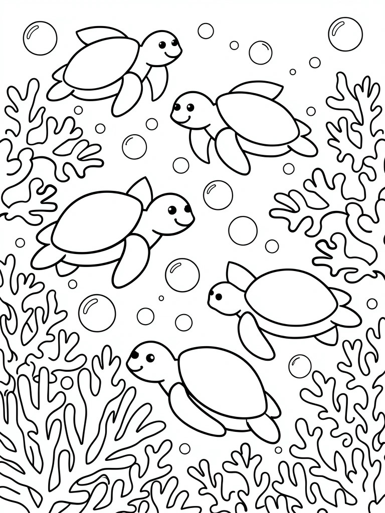 Coloring page of sea turtles swimming among coral and bubbles