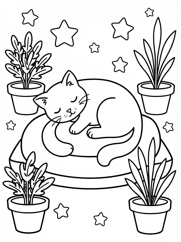 Coloring page showing a sleeping cat curled up in the center, surrounded by potted plants and scattered stars.