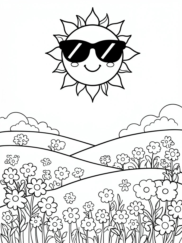 Coloring page of smiling sun with sunglasses above flower-covered hills and clouds