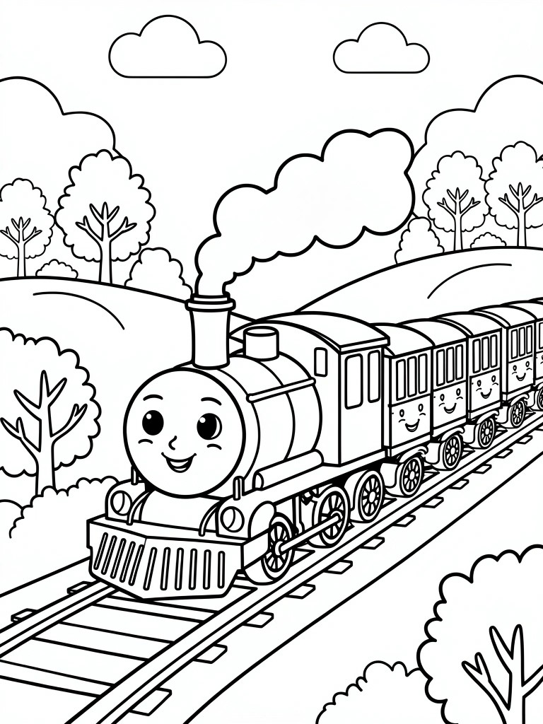 A black and white coloring page shows a cartoon train engine with a face pulling passenger cars along tracks, surrounded by trees, hills, and clouds.