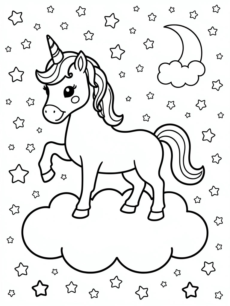 Cartoon unicorn with horn standing on cloud amid stars and crescent moon.