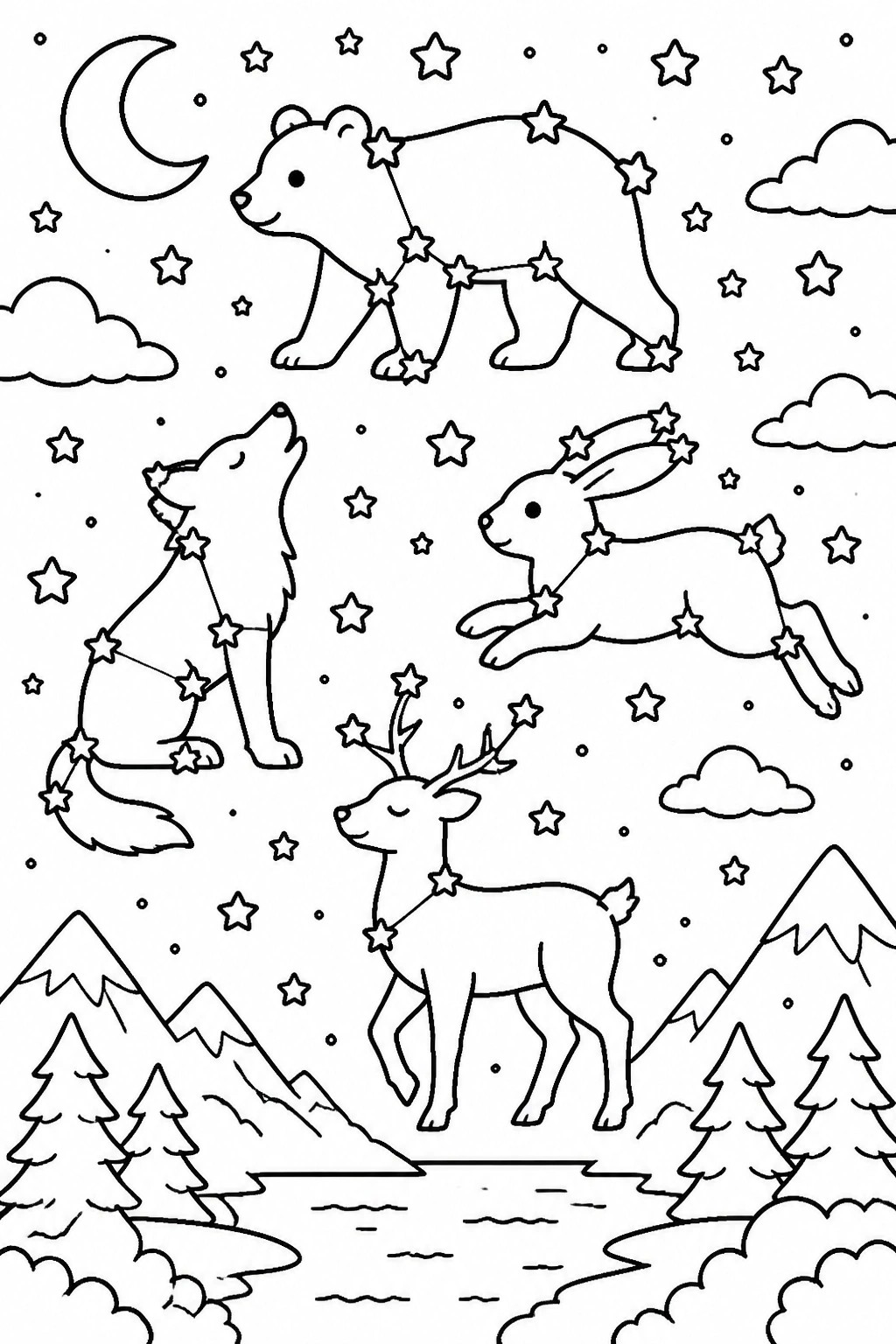 Starry night sky with bear, wolf, rabbit, and deer constellations above mountains and trees.
