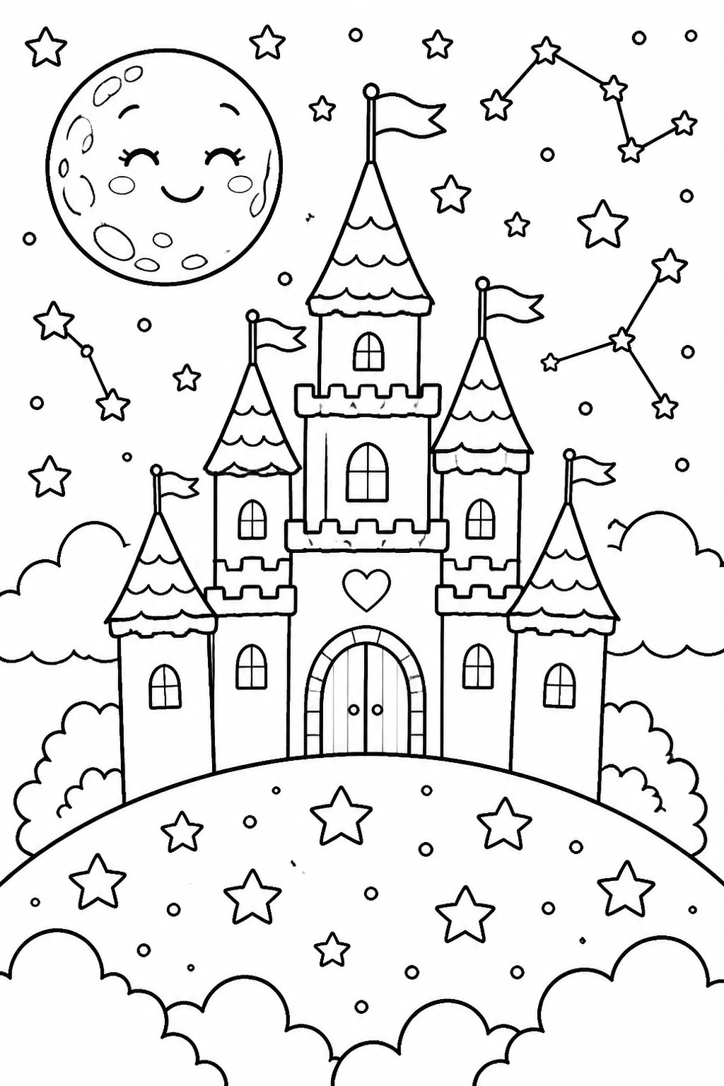 Coloring page of castle with flags under smiling moon and starry sky.