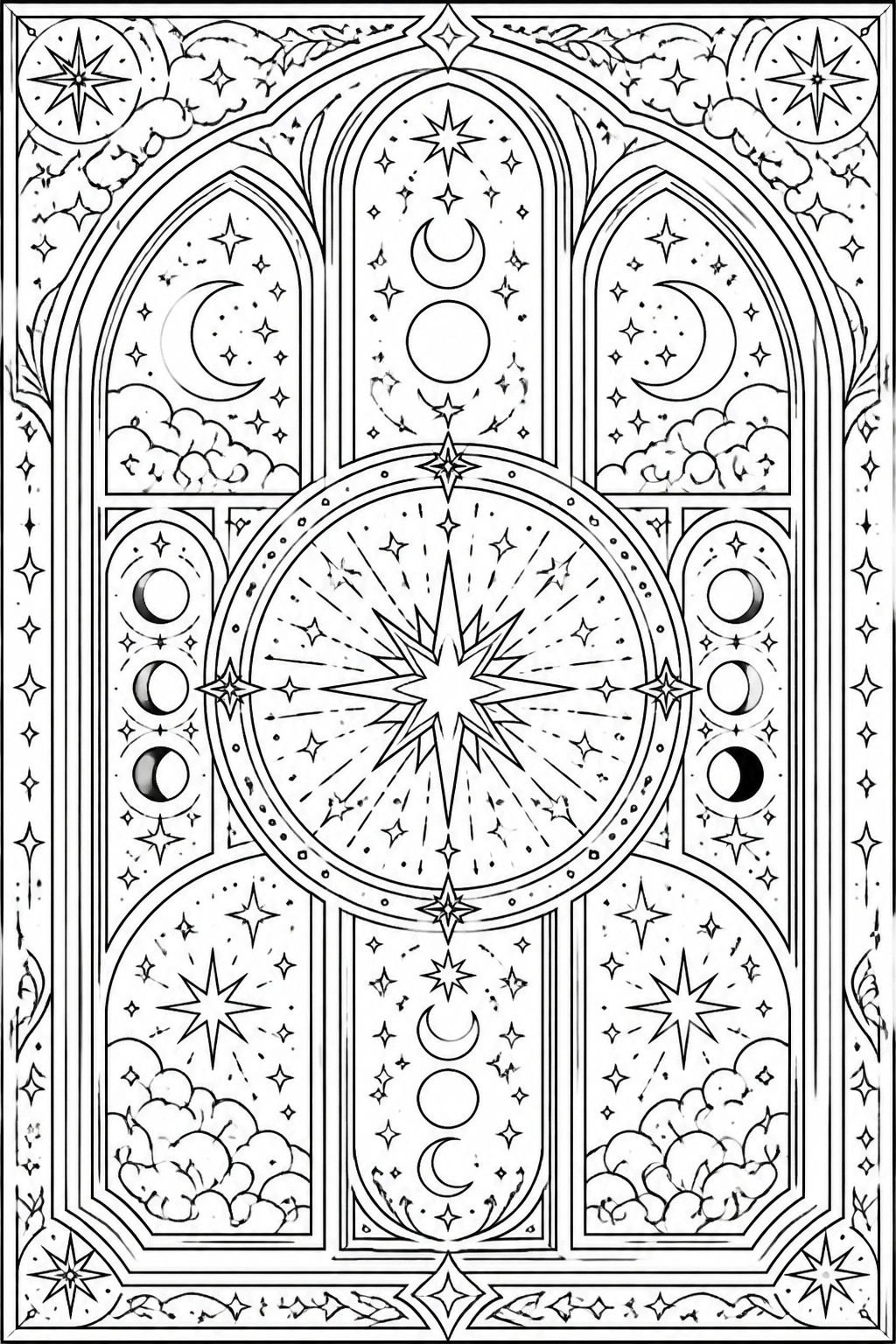 Symmetrical black-and-white line art of celestial arches, stars, and moon phases.