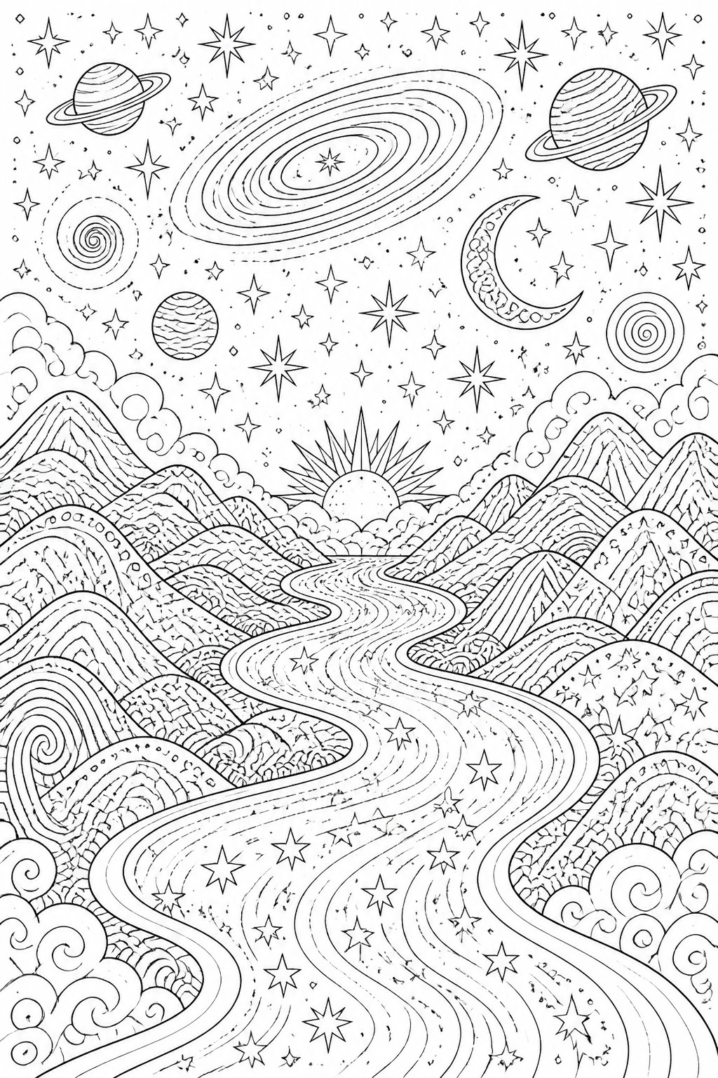 A black and white line art coloring page of a winding path through mountains beneath a sky filled with stars, planets, a galaxy, and a crescent moon.