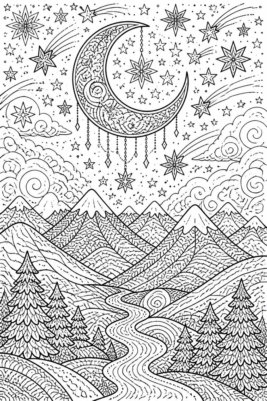 Intricate line art of crescent moon, stars, mountains, river and pine trees at night