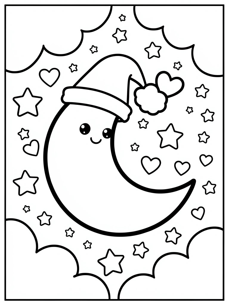 A black and white coloring page showing a crescent moon with a Santa hat, surrounded by stars and hearts against a cloudy night sky.
