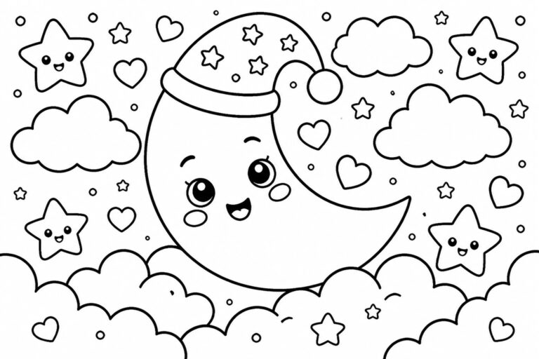 18 Magical Star and Galaxy Coloring Pages for Dreamy Nights A black and white coloring page showing a crescent moon with a Santa hat, surrounded by stars and hearts against a cloudy night sky.