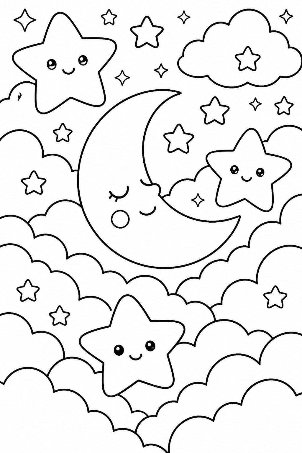 A black and white line drawing of a crescent moon with a face, smiling stars, and clouds arranged in a night sky scene.