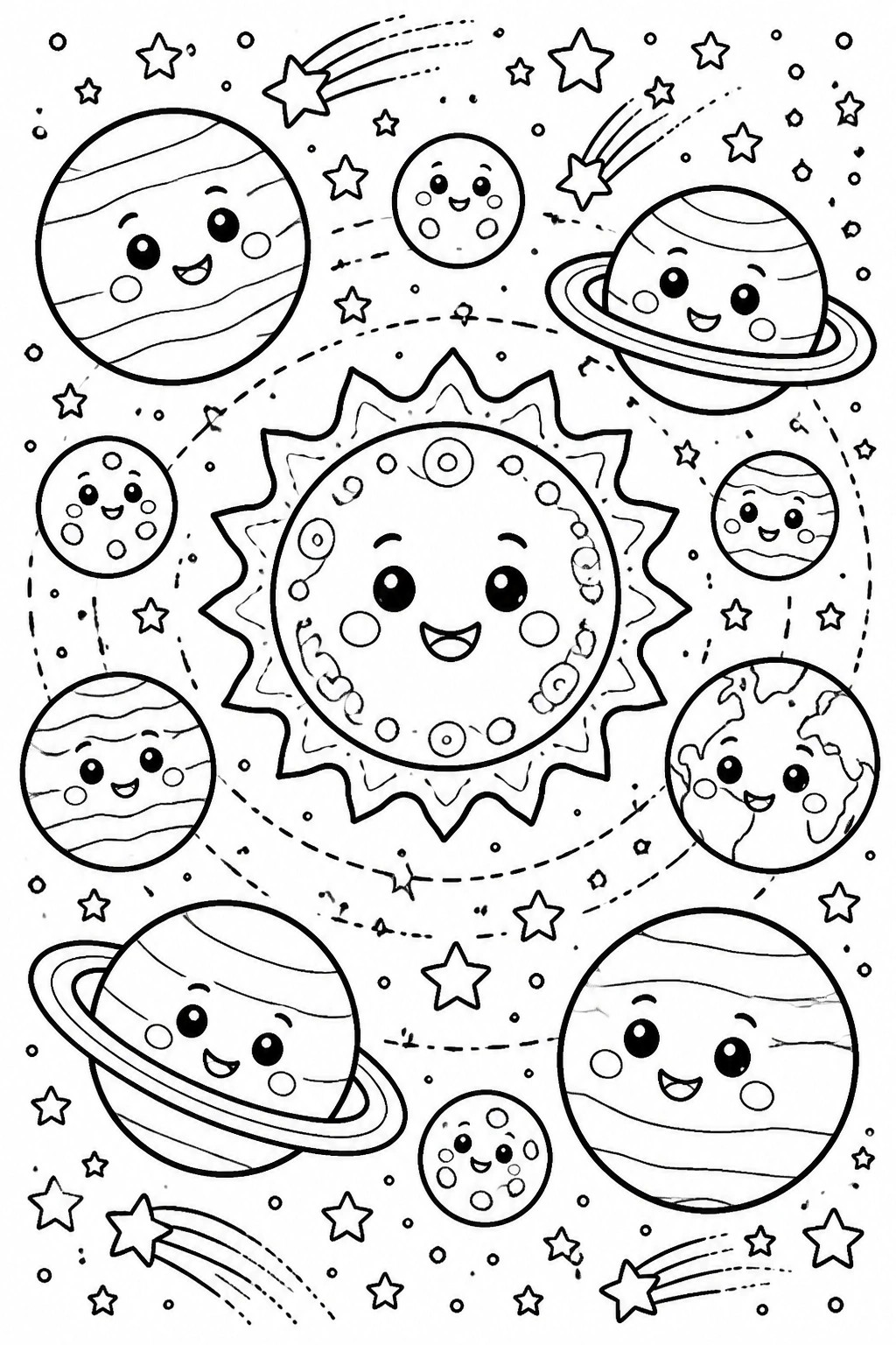 Coloring page of cute cartoon planets orbiting a smiling sun with stars and comets.