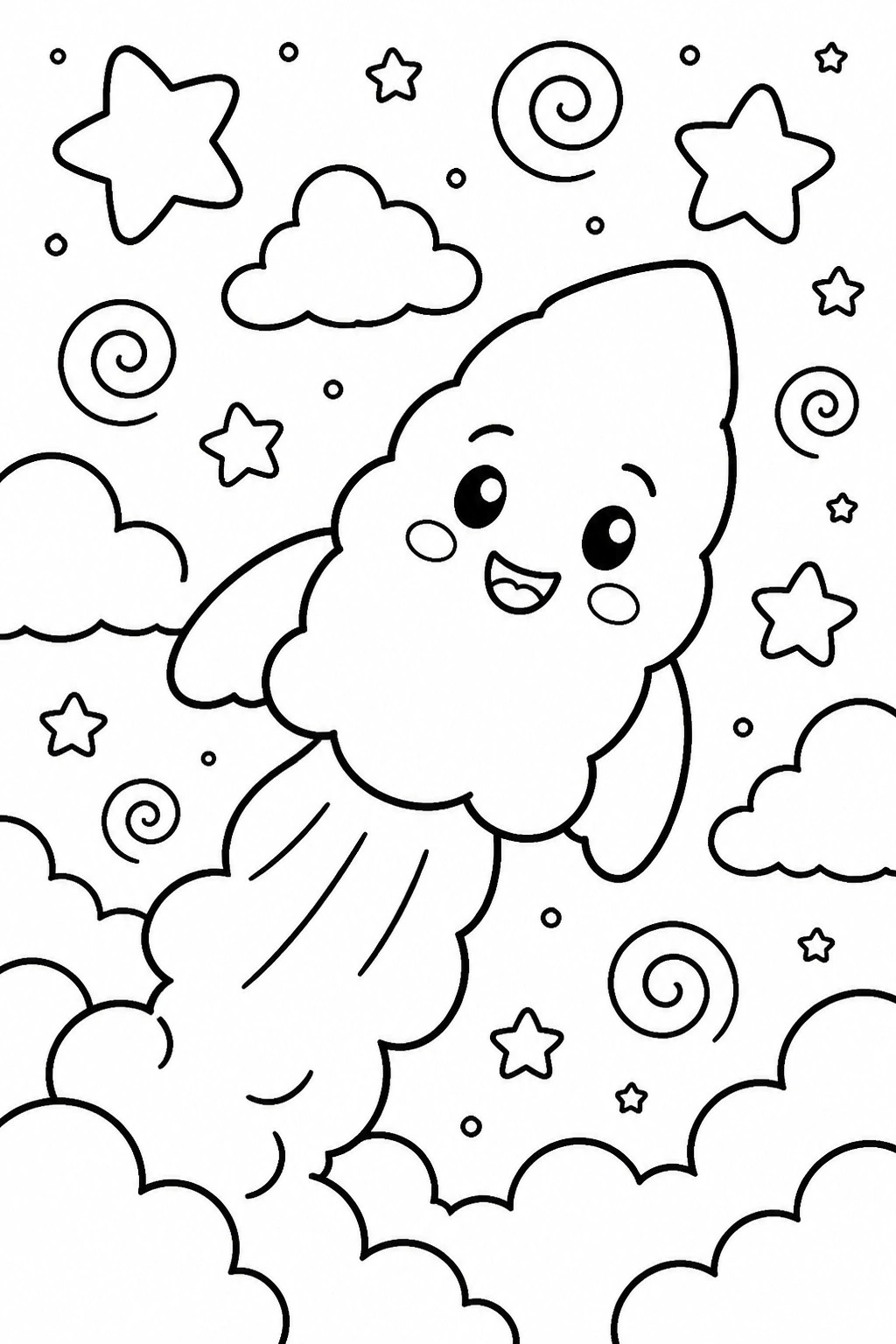 Cute cartoon rocket with smiling face flying among stars, clouds and swirls