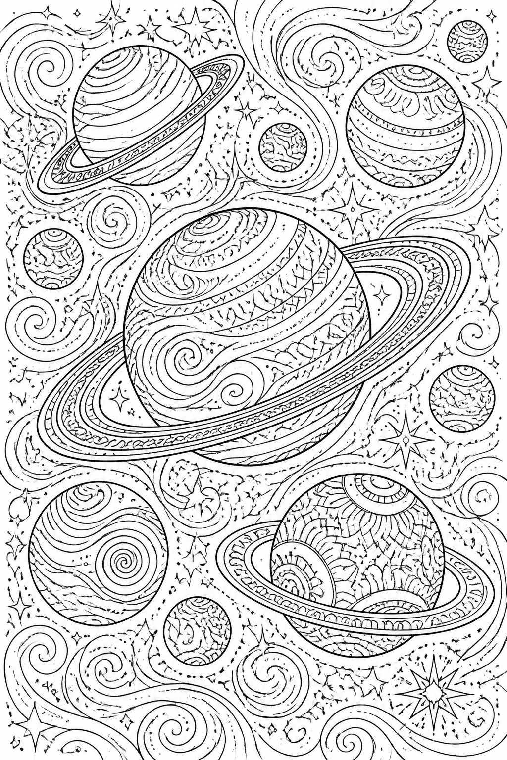 Black and white line drawing of multiple planets with rings, surface patterns, stars, and swirling background lines.