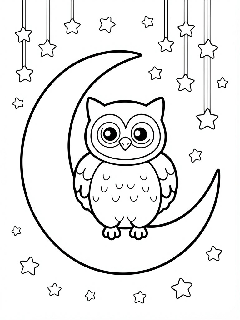 Coloring page of cute owl perched on crescent moon with hanging stars