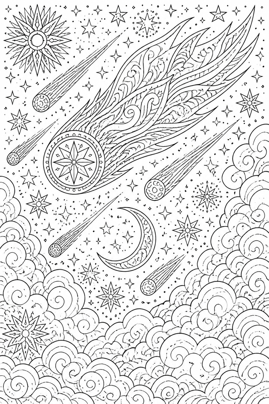 A black and white coloring page with several comets trailing ornate flames, scattered stars, a crescent moon, a central star medallion, and clouds along the bottom.