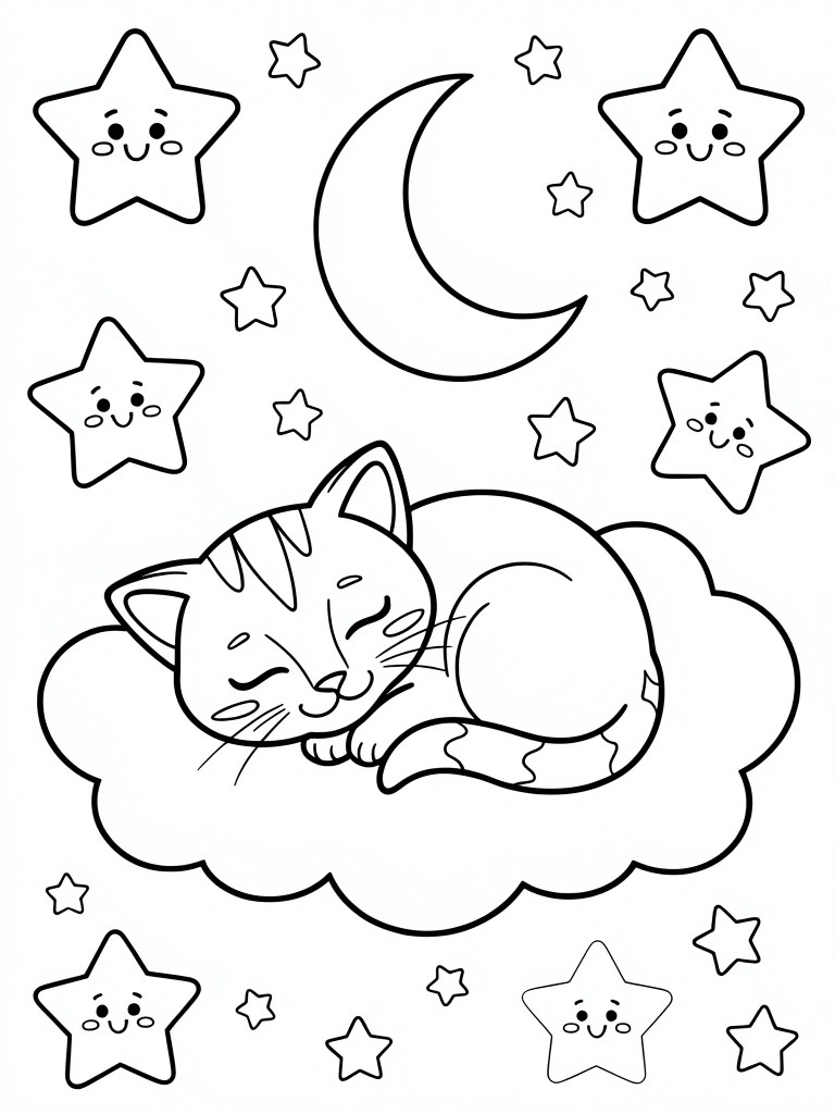Cute cartoon cat sleeping on cloud under crescent moon with smiling stars