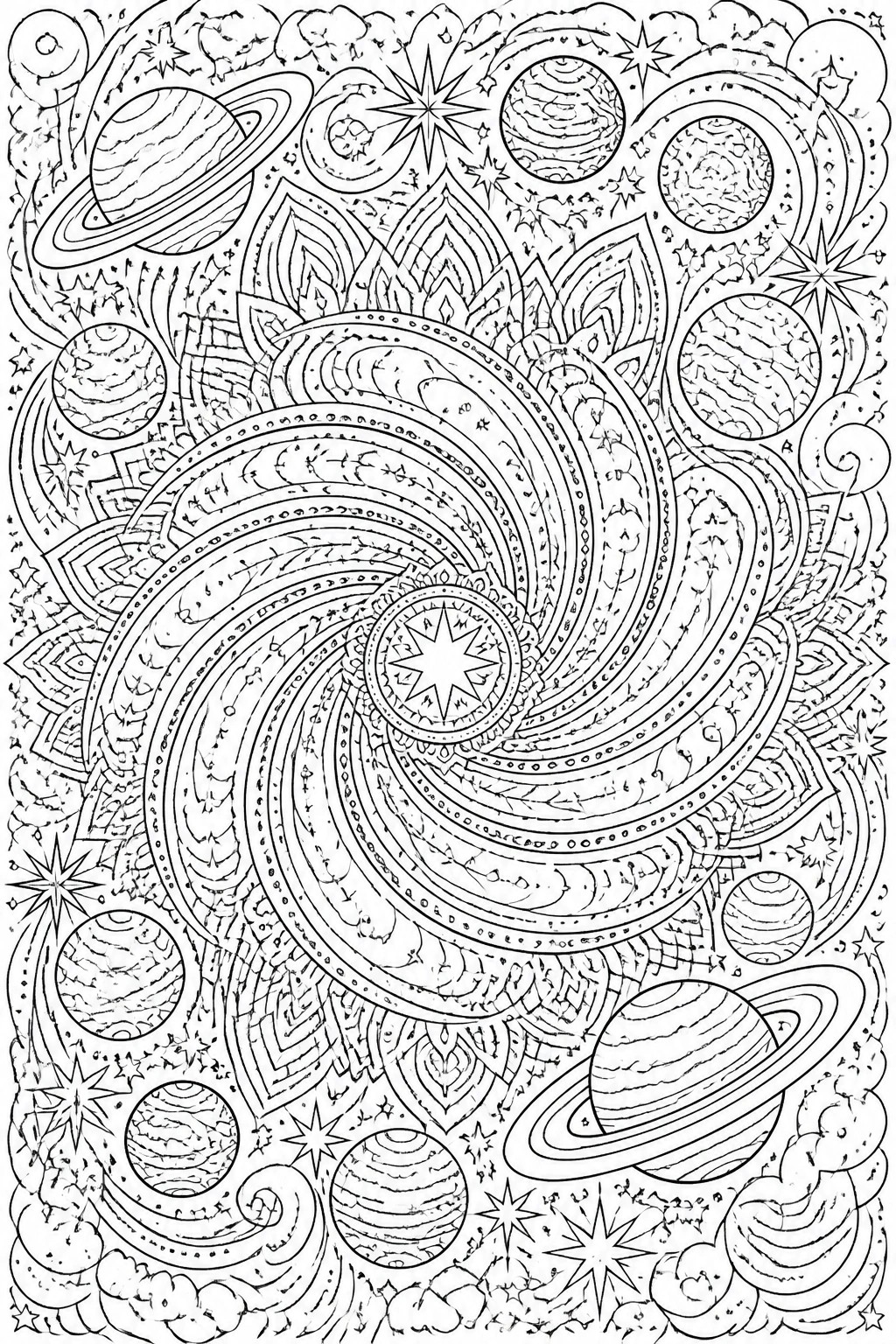 A black and white coloring page with a large central spiral galaxy, surrounding planets, stars, and intricate mandala patterns.
