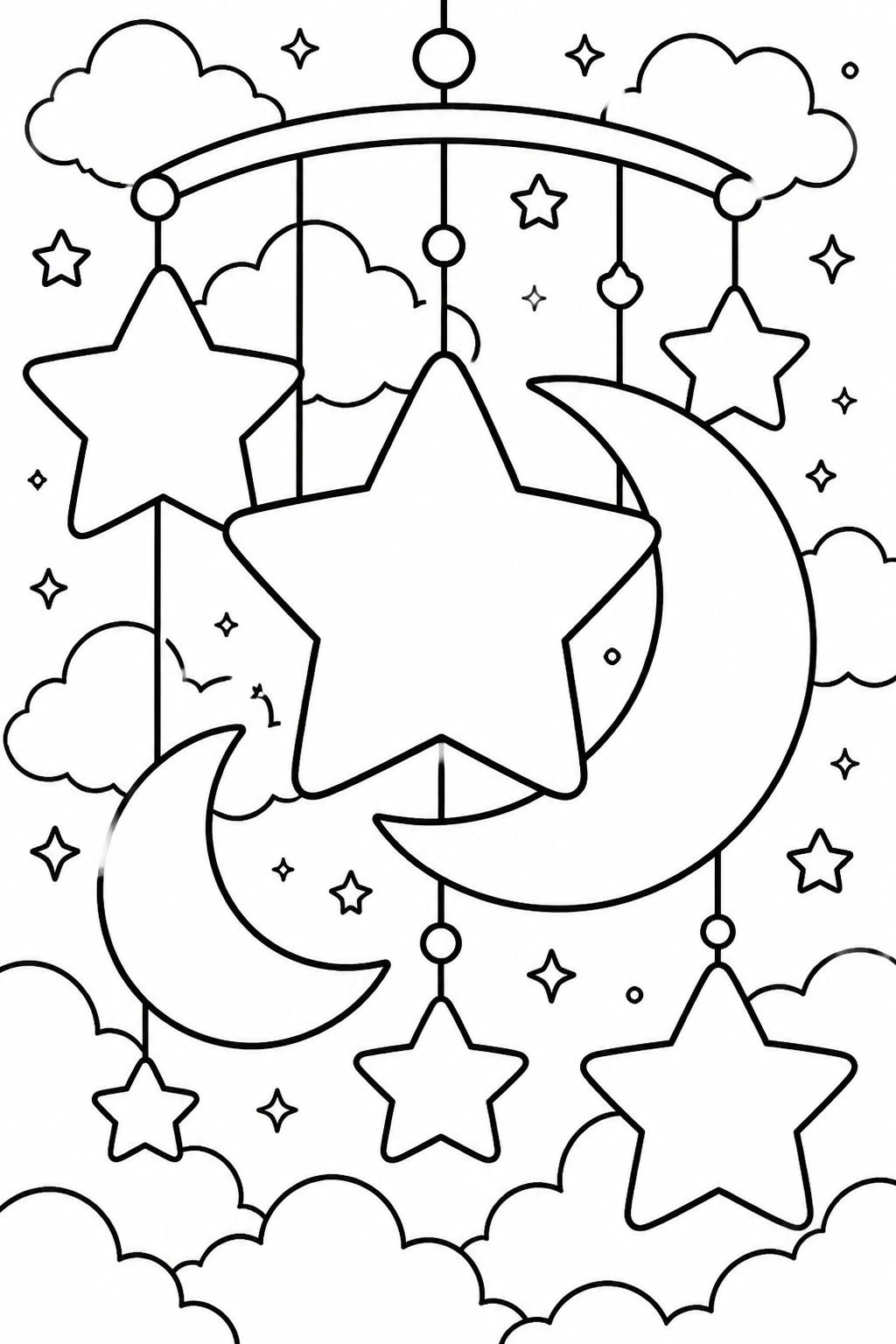 A black and white line drawing of a star and moon mobile with clouds and scattered stars.