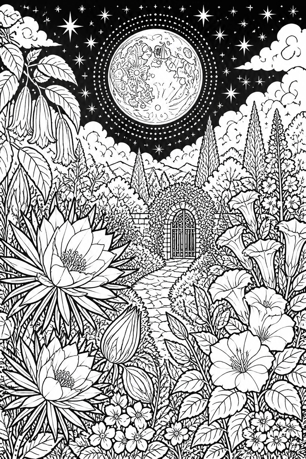 A detailed coloring page shows a stone path through flowers and trees leading to a gate under a large patterned moon with stars and clouds.