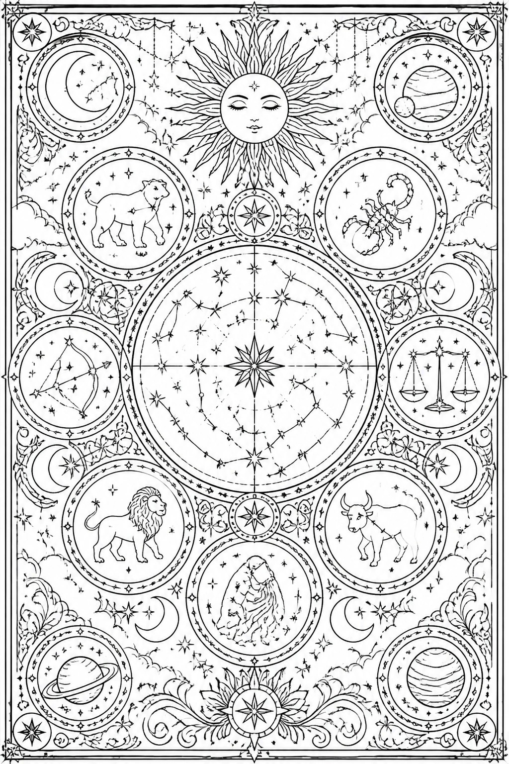 A black and white coloring page with a central constellation chart surrounded by circular zodiac signs, sun, moon, and planets in a symmetrical layout.