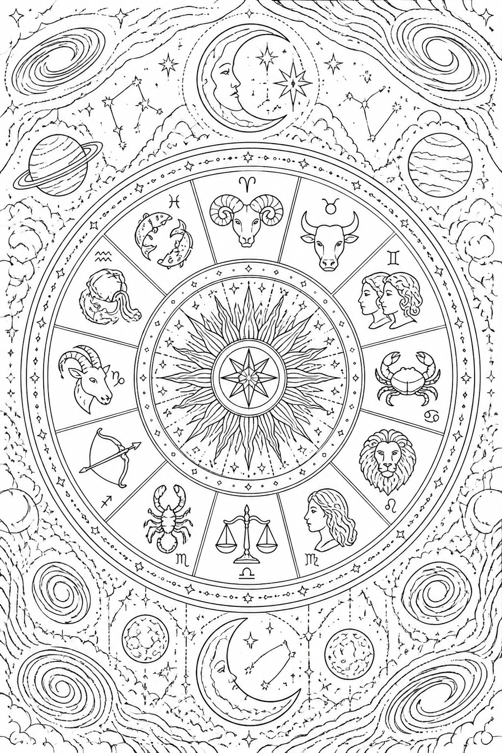 Zodiac wheel with twelve signs encircling a radiant sun amid stars, moons, and planets.