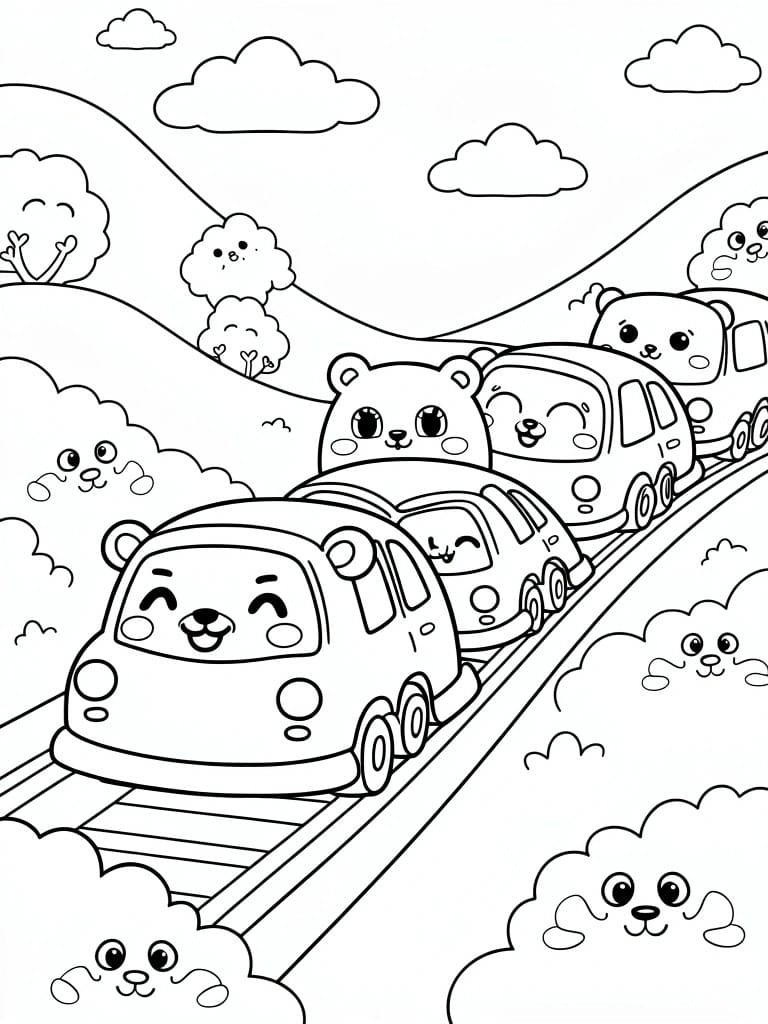 Cute cartoon bears driving cars on a winding track with clouds and trees.
