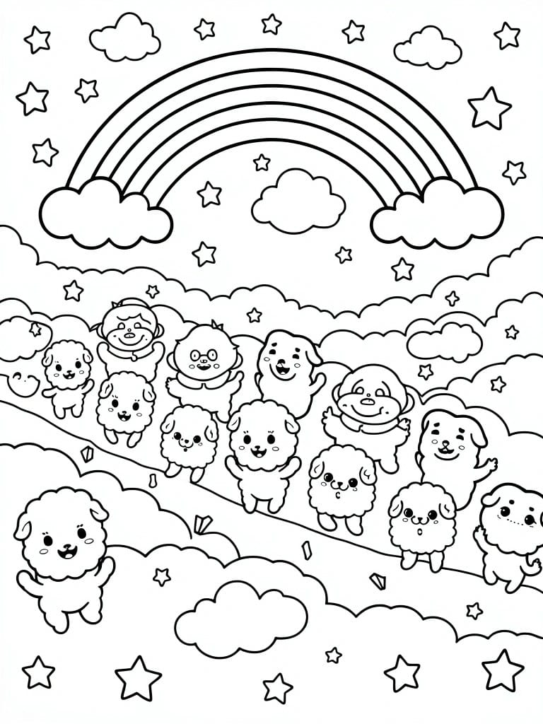 A black and white coloring page shows many cartoon animals including sheep and dogs on clouds with a rainbow, stars, and more clouds in the sky.