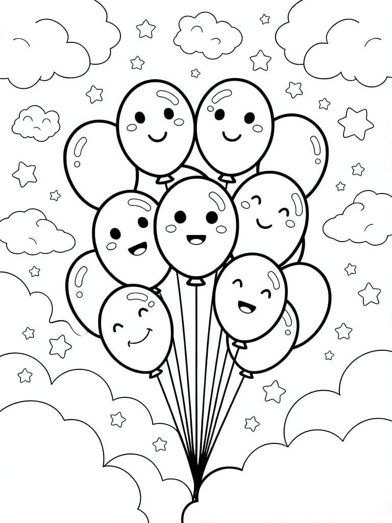 Coloring page of smiling balloons floating amid clouds and stars in the sky