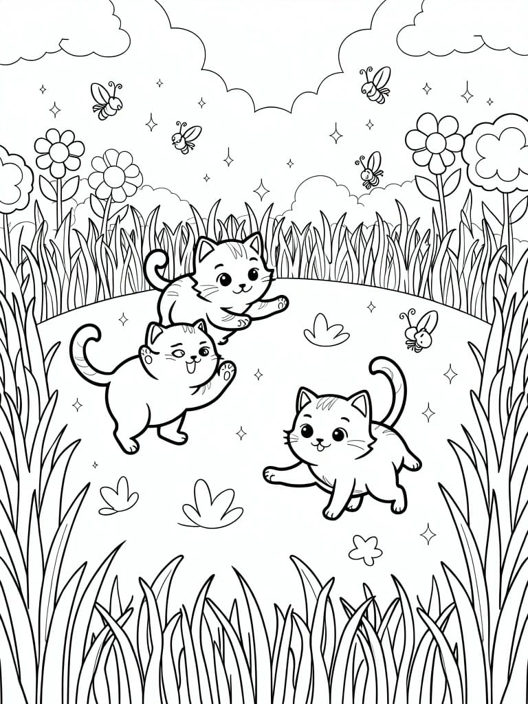 Black and white line drawing of three cartoon kittens playing in a grassy field with flowers, butterflies, and bees around them.