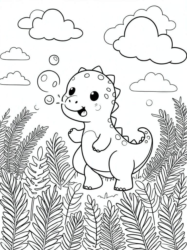 A black and white cartoon dinosaur stands among tall leaves with clouds and bubbles in the sky.