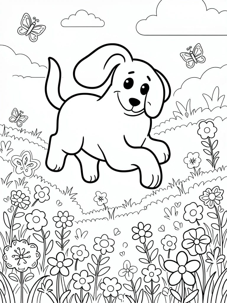 Playful cartoon puppy bounding through flowers with butterflies and clouds above.