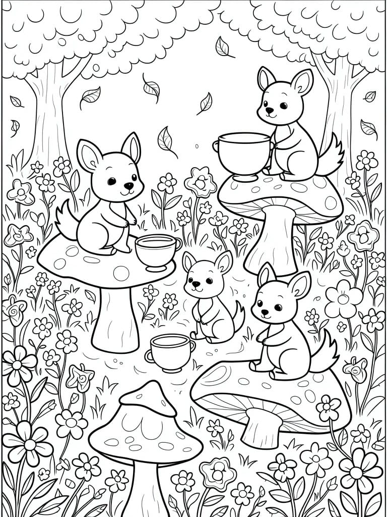 Cartoon foxes sipping tea on giant mushrooms in a flower-filled forest.