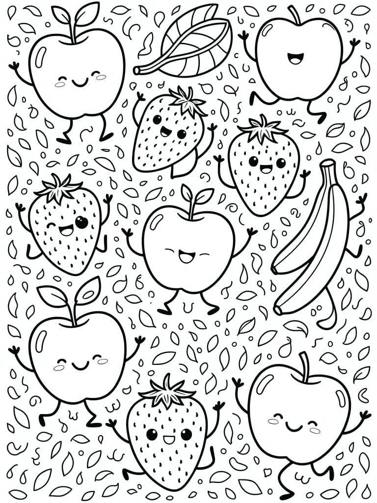 A black and white coloring page shows multiple cartoon apples, strawberries, and bananas with faces, arms, and legs scattered among leaf shapes.