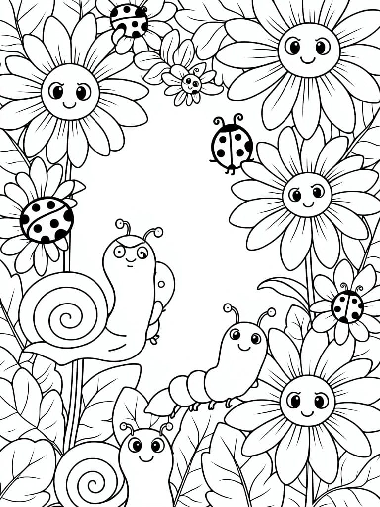 Whimsical black and white coloring page with smiling flowers, ladybugs, snails, and caterpillar.