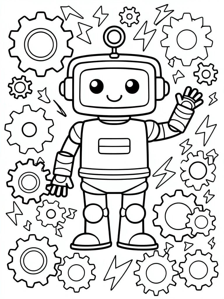 Black and white coloring page showing a cartoon robot waving, surrounded by gears, lightning bolts, and mechanical parts.